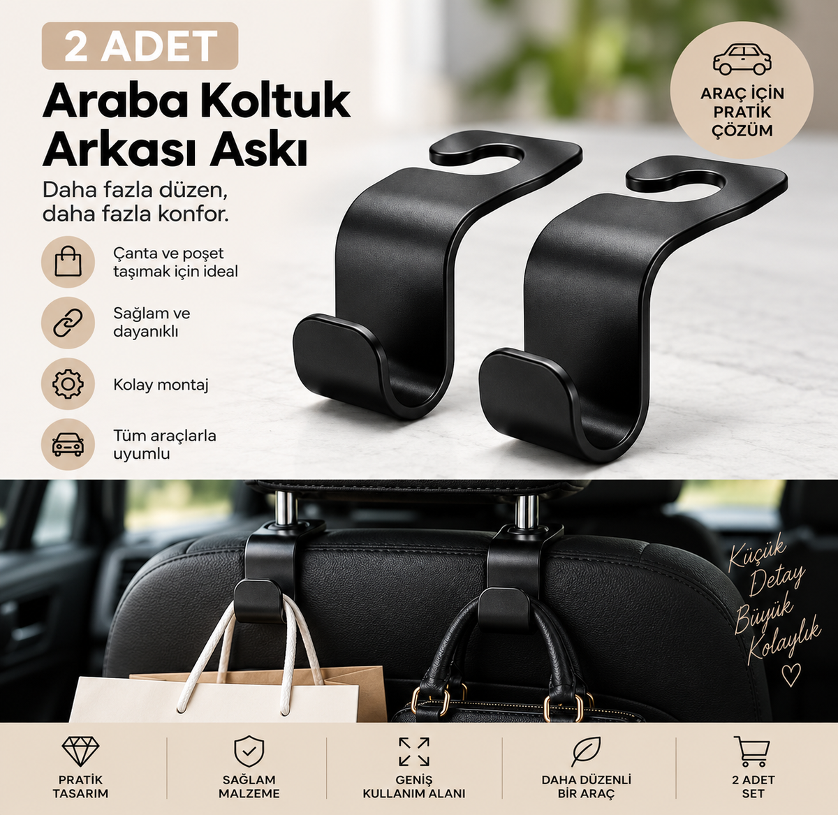 2 Adet Araba Koltuk Arkası Askı